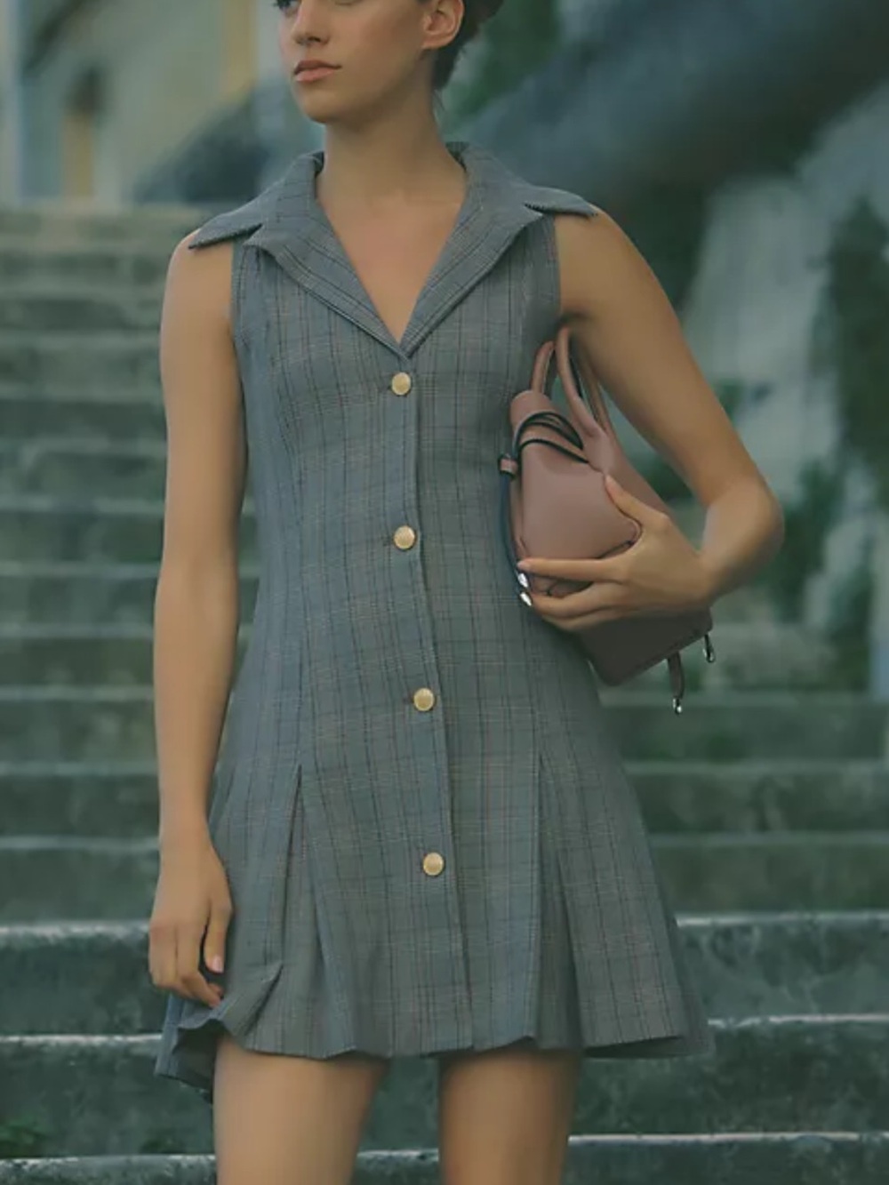 Anthropologie Gray Plaid Sleeveless Button-Front Mini Dress
